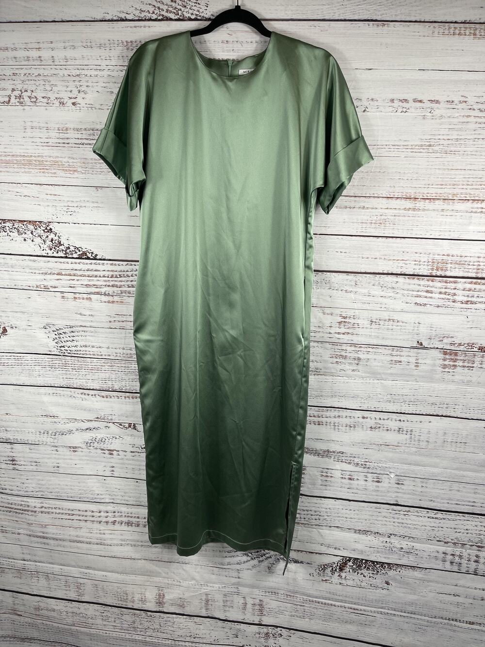 Mira Mia Dress 36 Eur 4 US Green Satin Midi Shift Short Sleeve Side Slit Pockets
